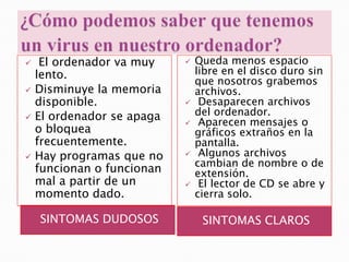     El ordenador va muy       Queda menos espacio
    lento.                      libre en el disco duro sin
                                que nosotros grabemos
   Disminuye la memoria        archivos.
    disponible.                 Desaparecen archivos
   El ordenador se apaga       del ordenador.
                                Aparecen mensajes o
    o bloquea                   gráficos extraños en la
    frecuentemente.             pantalla.
   Hay programas que no        Algunos archivos
                                cambian de nombre o de
    funcionan o funcionan       extensión.
    mal a partir de un          El lector de CD se abre y
    momento dado.               cierra solo.

    SINTOMAS DUDOSOS             SINTOMAS CLAROS
 