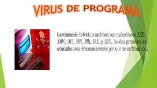 Comúnmente infectan archivos con extensiones .EXE,
.COM, .OVL, .DRV, .BIN, .DLL, y .SYS., los dos primeros son
atacados más frecuentemente por que se utilizan mas
 