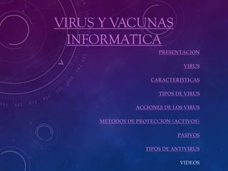 VIRUS Y VACUNAS
INFORMATICA
PRESENTACION
VIRUS
CARACTERISTICAS
TIPOSDEVIRUS
ACCIONESDELOSVIRUS
METODOSDEPROTECCION(ACTIVOS)
PASIVOS
TIPOSDEANTIVIRUS
VIDEOS
 