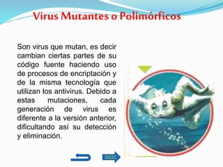 Son virus que mutan, es decir
cambian ciertas partes de su
código fuente haciendo uso
de procesos de encriptación y
de la misma tecnología que
utilizan los antivirus. Debido a
estas mutaciones, cada
generación de virus es
diferente a la versión anterior,
dificultando así su detección
y eliminación.
Virus Mutantes o Polimórficos
NEXT
 