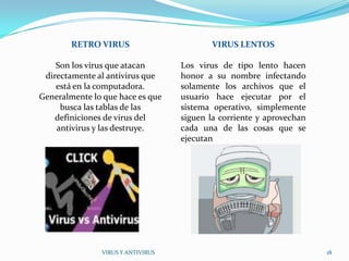 RETRO VIRUS                       VIRUS LENTOS

    Son los virus que atacan       Los virus de tipo lento hacen
 directamente al antivirus que     honor a su nombre infectando
    está en la computadora.        solamente los archivos que el
Generalmente lo que hace es que    usuario hace ejecutar por el
     busca las tablas de las       sistema operativo, simplemente
    definiciones de virus del      siguen la corriente y aprovechan
    antivirus y las destruye.      cada una de las cosas que se
                                   ejecutan




               VIRUS Y ANTIVIRUS                                      18
 