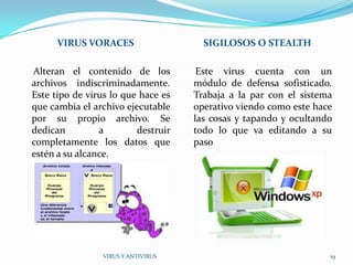 VIRUS VORACES                   SIGILOSOS O STEALTH

Alteran el contenido de los          Este virus cuenta con un
archivos indiscriminadamente.       módulo de defensa sofisticado.
Este tipo de virus lo que hace es   Trabaja a la par con el sistema
que cambia el archivo ejecutable    operativo viendo como este hace
por su propio archivo. Se           las cosas y tapando y ocultando
dedican         a        destruir   todo lo que va editando a su
completamente los datos que         paso
estén a su alcance.




                VIRUS Y ANTIVIRUS                                 19
 
