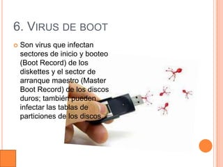 6. VIRUS DE BOOT
   Son virus que infectan
    sectores de inicio y booteo
    (Boot Record) de los
    diskettes y el sector de
    arranque maestro (Master
    Boot Record) de los discos
    duros; también pueden
    infectar las tablas de
    particiones de los discos.
 