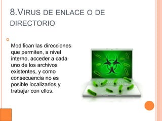 8.VIRUS DE ENLACE O DE
    DIRECTORIO


    Modifican las direcciones
    que permiten, a nivel
    interno, acceder a cada
    uno de los archivos
    existentes, y como
    consecuencia no es
    posible localizarlos y
    trabajar con ellos.
 