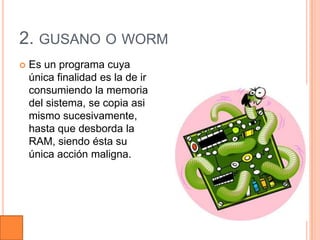 2. GUSANO O WORM
   Es un programa cuya
    única finalidad es la de ir
    consumiendo la memoria
    del sistema, se copia asi
    mismo sucesivamente,
    hasta que desborda la
    RAM, siendo ésta su
    única acción maligna.
 