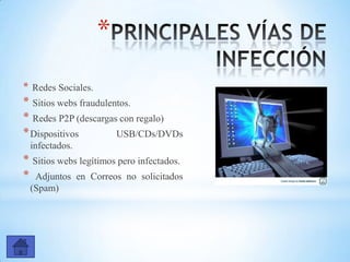 * Redes Sociales.
* Sitios webs fraudulentos.
* Redes P2P (descargas con regalo)
*Dispositivos USB/CDs/DVDs
infectados.
* Sitios webs legítimos pero infectados.
* Adjuntos en Correos no solicitados
(Spam)
*
 