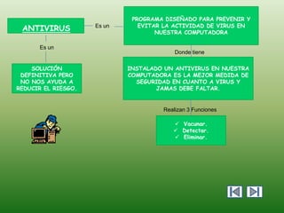 ANTIVIRUS
Es un

SOLUCIÓN
DEFINITIVA PERO
NO NOS AYUDA A
REDUCIR EL RIESGO.

Es un

PROGRAMA DISEÑADO PARA PREVENIR Y
EVITAR LA ACTIVIDAD DE VIRUS EN
NUESTRA COMPUTADORA

Donde tiene
INSTALADO UN ANTIVIRUS EN NUESTRA
COMPUTADORA ES LA MEJOR MEDIDA DE
SEGURIDAD EN CUANTO A VIRUS Y
JAMAS DEBE FALTAR.

Realizan 3 Funciones
 Vacunar.
 Detectar.
 Eliminar.

 