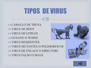 
 CABALLO DE TROYA
 VIRUS DE BOOT
 VIRUS MULTIPLES
 GUSANO O WORM
 VIRUS RESIDENTES
 VIRUS MUTANTES O POLIMORFICOS
 VIRUS DE ENLACE O DIRECTORI
 VIRUS FALSO O HOAX
TIPOS DE VIRUS
 