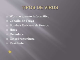  Worm o gusano informático
 Caballo de Troya
 Bombas lógicas o de tiempo
 Hoax
 De enlace
 De sobreescritura
 Residente
 
