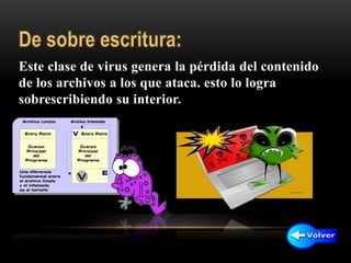 Este clase de virus genera la pérdida del contenido
de los archivos a los que ataca. esto lo logra
sobrescribiendo su interior.
 