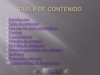 1.Introduccion
2.Tabla de contenido
3.Que son los virus informáticos
4.Historia
5.Caracteristicas
6.Metodos de contagio
7.Metodos de protección
8.Sistemas operativos mas atacados
8.Antivirus
9.Principales antivirus
10.Caracteristicas de los antivirus
                          TABLA DE
                         CONTENIDO
 