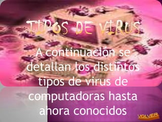 A continuación se
detallan los distintos
  tipos de virus de
computadoras hasta
  ahora conocidos
 