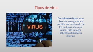 Tipos de virus
De sobreescritura: este
clase de virus genera la
pérdida del contenido de
los archivos a los que
ataca. Esto lo logra
sobreescribiendo su
interior.
 