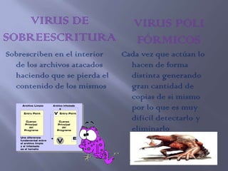 VIRUS DE                      VIRUS POLI
SOBREESCRITURA                   FÓRMICOS
Sobrescriben en el interior   Cada vez que actúan lo
  de los archivos atacados      hacen de forma
  haciendo que se pierda el     distinta generando
  contenido de los mismos       gran cantidad de
                                copias de si mismo
                                por lo que es muy
                                difícil detectarlo y
                                eliminarlo
 