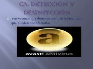    son vacunas que detectan archivos infectados y
    que pueden desinfectarlos
 