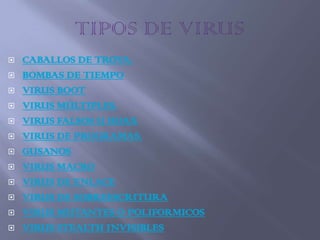    CABALLOS DE TROYA.
   BOMBAS DE TIEMPO
   VIRUS BOOT
   VIRUS MÚLTIPLES.
   VIRUS FALSOS U HOAX
   VIRUS DE PROGRAMAS.
   GUSANOS
   VIRUS MACRO
   VIRUS DE ENLACE
   VIRUS DE SOBREESCRITURA
   VIRUS MUTANTES O POLIFORMICOS
   VIRUS STEALTH INVISIBLES
 