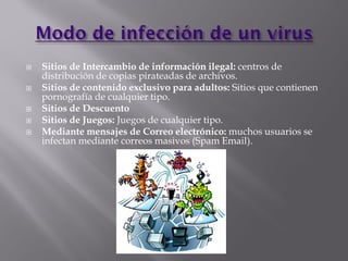  Sitios de Intercambio de información ilegal: centros de
distribución de copias pirateadas de archivos.
 Sitios de contenido exclusivo para adultos: Sitios que contienen
pornografía de cualquier tipo.
 Sitios de Descuento
 Sitios de Juegos: Juegos de cualquier tipo.
 Mediante mensajes de Correo electrónico: muchos usuarios se
infectan mediante correos masivos (Spam Email).
 