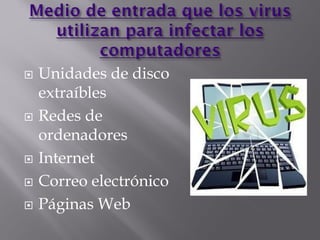  Unidades de disco
extraíbles
 Redes de
ordenadores
 Internet
 Correo electrónico
 Páginas Web
 