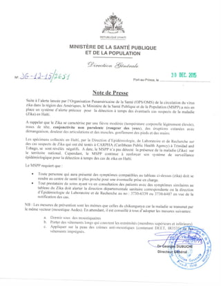 Note de presse du Ministere de la Sante publique sur le virus ZIKA