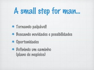 A small step for man...
Tornando palpável!
Buscando novidades e possibilidades
Oportunidades
Definindo um caminho
(plano de negócios)
 