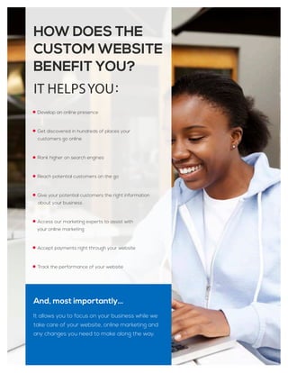 HOW DOES THE
CUSTOM WEBSITE
BENEFIT YOU?
IT HELPSYOU:
And, most importantly…
It allows you to focus on your business while we
take care of your website, online marketing and
any changes you need to make along the way.
Develop an online presence
Get discovered in hundreds of places your
customers go online
Rank higher on search engines
Reach potential customers on the go
Give your potential customers the right information
about your business
Access our marketing experts to assist with
your online marketing
Accept payments right through your website
Track the performance of your website
 