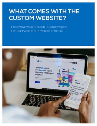 WHAT COMES WITH THE
CUSTOM WEBSITE?
INNOVATIVE WEBSITE DESIGN MOBILE WEBSITE
ONLINE MARKETING WEBSITE STATISTICS
 