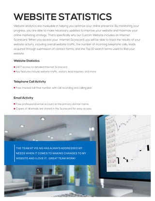Website Statistics
24/7 access to detailed Internet Scorecard
Key features include website trafﬁc, visitors, lead inquiries, and more
Telephone Call Activity
Free tracked toll-free number with call recording and calling plan
Email Activity
Free professional email account at the primary domain name
Copies of all emails are stored in the Scorecard for easy access
WEBSITE STATISTICS
THE TEAM AT VIS.NG HAS ALWAYS ADDRESSED MY
NEEDS WHEN IT COMES TO MAKING CHANGES TO MY
WEBSITE AND I LOVE IT. GREAT TEAM WORK!
Website analytics are invaluable in helping you optimize your online presence. By monitoring your
progress, you are able to make necessary updates to improve your website and maximize your
online marketing strategy. That’s speciﬁcally why our Custom Website includes an Internet
Scorecard. When you access your Internet Scorecard, you will be able to track the results of your
website activity, including overall website trafﬁc, the number of incoming telephone calls, leads
acquired through submission of contact forms, and the Top 10 search terms used to ﬁnd your
website.
 