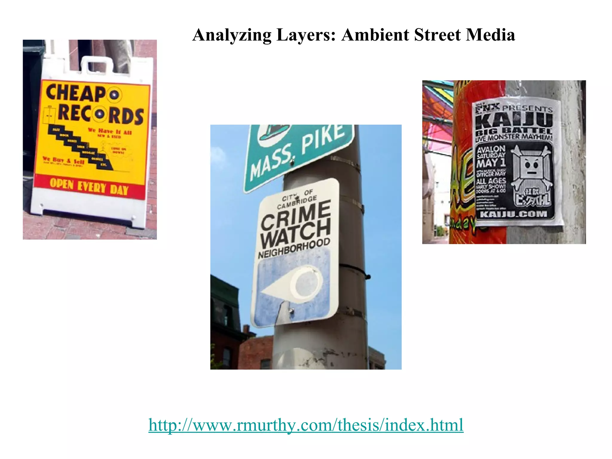 http://www.rmurthy.com/thesis/index.html Analyzing Layers: Ambient Street Media 