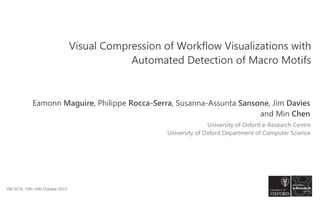 Visual Compression of Workflow Visualizations with
Automated Detection of Macro Motifs

Eamonn Maguire, Philippe Rocca-Serra, Susanna-Assunta Sansone, Jim Davies
and Min Chen
University of Oxford e-Research Centre
University of Oxford Department of Computer Science

VIS 2013, 13th-18th October 2013

 