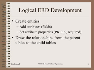 Logical ERD Development
• Create entities
– Add attributes (fields)
– Set attribute properties (PK, FK, required)
• Draw the relationships from the parent
tables to the child tables
VIS201D Visio Database Digramming 12Bookstore2
 