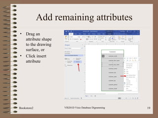 Add remaining attributes
• Drag an
attribute shape
to the drawing
surface, or
• Click insert
attribute
VIS201D Visio Database Digramming 19Bookstore2
 