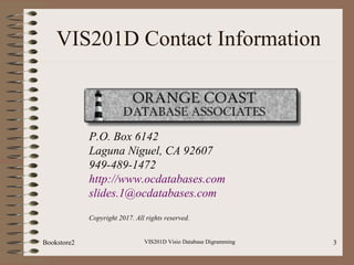 Bookstore2 VIS201D Visio Database Digramming 3
VIS201D Contact Information
P.O. Box 6142
Laguna Niguel, CA 92607
949-489-1...