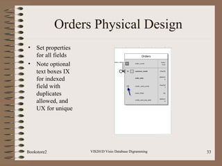 Orders Physical Design
• Set properties
for all fields
• Note optional
text boxes IX
for indexed
field with
duplicates
all...