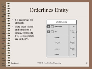 Orderlines Entity
• Set properties for
all fields
• Note order_numb
and isbn form a
single, composite
PK. Both columns
are...