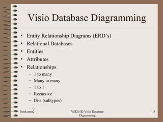 Visio Database Diagramming
• Entity Relationship Diagrams (ERD’s)
• Relational Databases
• Entities
• Attributes
• Relatio...