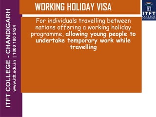 WORKING HOLIDAY VISA
For individuals travelling between
nations offering a working holiday
programme, allowing young people to
undertake temporary work while
travelling
 