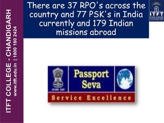There are 37 RPO's across the
country and 77 PSK's in India
currently and 179 Indian
missions abroad
 