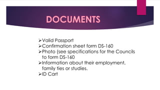 Valid Passport
Confirmation sheet form DS-160
Photo (see specifications for the Councils
to form DS-160
Information about their employment,
family ties or studies.
ID Cart
 