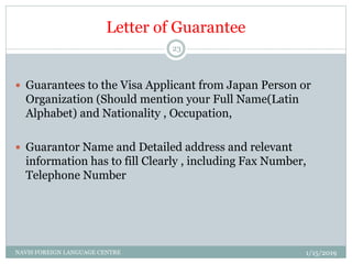 Letter of Guarantee
 Guarantees to the Visa Applicant from Japan Person or
Organization (Should mention your Full Name(Latin
Alphabet) and Nationality , Occupation,
 Guarantor Name and Detailed address and relevant
information has to fill Clearly , including Fax Number,
Telephone Number
1/15/2019NAVIS FOREIGN LANGUAGE CENTRE
23
 