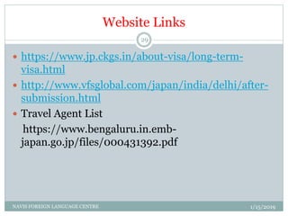 Website Links
 https://www.jp.ckgs.in/about-visa/long-term-
visa.html
 http://www.vfsglobal.com/japan/india/delhi/after-
submission.html
 Travel Agent List
https://www.bengaluru.in.emb-
japan.go.jp/files/000431392.pdf
1/15/2019NAVIS FOREIGN LANGUAGE CENTRE
29
 