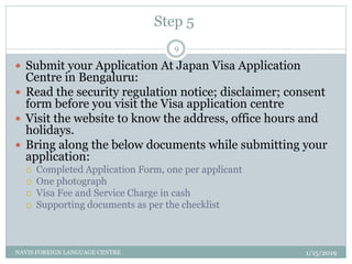 Step 5
1/15/2019NAVIS FOREIGN LANGUAGE CENTRE
9
 Submit your Application At Japan Visa Application
Centre in Bengaluru:
 Read the security regulation notice; disclaimer; consent
form before you visit the Visa application centre
 Visit the website to know the address, office hours and
holidays.
 Bring along the below documents while submitting your
application:
 Completed Application Form, one per applicant
 One photograph
 Visa Fee and Service Charge in cash
 Supporting documents as per the checklist
 