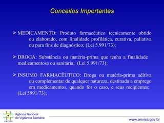 Conceitos Importantes MEDICAMENTO: Produto farmacêutico tecnicamente obtido  ou elaborado, com finalidade profilática, curativa, paliativa  ou para fins de diagnóstico;  (Lei 5.991/73); DROGA: Substância ou matéria-prima que tenha a finalidade  medicamentosa ou sanitária;   (Lei 5.991/73); INSUMO FARMACÊUTICO: Droga ou matéria-prima aditiva  ou complementar de qualquer natureza, destinada a emprego  em medicamentos, quando for o caso, e seus recipientes;  (Lei 5991/73); 