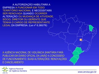 A AUTORIZAÇÃO HABILITARÁ A EMPRESA  A FUNCIONAR EM TODO   TERRITÓRIO NACIONAL  E NECESSITARÁ  SER RENOVADA  QUANDO  OCORRER   ALTERAÇÃO   OU MUDANÇA DE ATIVIDADE, SÓCIO, DIRETOR OU GERENTE QUE TENHA O CARGO DE REPRESENTANTE LEGAL  DA EMPRESA. (Lei nº 6.360/76) A  AGÊNCIA NACIONAL DE VIGILÂNCIA SANITÁRIA FARÁ PUBLICAR EM DIÁRIO OFICIAL DA UNIÃO A CONCESSÃO DE FUNCIONAMENTO, SUAS ALTERAÇÕES, RENOVAÇÕES E CANCELAMENTO . 