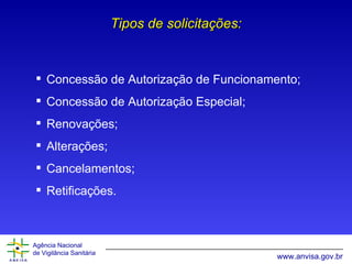 Tipos de solicitações: Concessão de Autorização de Funcionamento; Concessão de Autorização Especial; Renovações; Alterações; Cancelamentos; Retificações. 