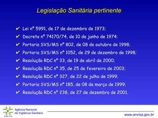 Legislação Sanitária pertinente Lei nº 5991, de 17 de dezembro de 1973; Decreto nº 74170/74, de 10 de junho de 1974; Portaria SVS/MS nº 802, de 08 de outubro de 1998; Portaria SVS/MS nº 1052, de 29 de dezembro de 1998; Resolução RDC nº 33, de 19 de abril de 2000; Resolução RDC nº 35, de 25 de fevereiro de 2003; Resolução RDC nº 327, de 22 de julho de 1999; Portaria SVS/MS nº 185, de 08 de março de 1999; Resolução RDC nº 238, de 27 de dezembro de 2001. 