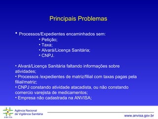 Principais Problemas Processos/Expedientes encaminhados sem: Petição; Taxa; Alvará/Licença Sanitária; CNPJ. Alvará/Licença Sanitária faltando informações sobre atividades; Processos /expedientes de matriz/filial com taxas pagas pela filial/matriz; CNPJ constando atividade atacadista, ou não constando comercio varejista de medicamentos; Empresa não cadastrada na ANVISA; 