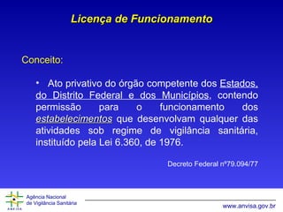 Licença de Funcionamento Conceito: Ato privativo do órgão competente dos  Estados, do Distrito Federal e dos Municípios , contendo permissão para o funcionamento dos  estabelecimentos  que desenvolvam qualquer das atividades sob regime de vigilância sanitária, instituído pela Lei 6.360, de 1976. Decreto Federal nº79.094/77 