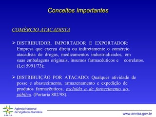 Conceitos Importantes COMÉRCIO ATACADISTA DISTRIBUIDOR, IMPORTADOR E EXPORTADOR:  Empresa que exerça direta ou indiretamente o comércio  atacadista de drogas, medicamentos industrializados, em  suas embalagens originais, insumos farmacêuticos e  correlatos.  (Lei 5991/73); DISTRIBUIÇÃO POR ATACADO: Qualquer atividade de  posse e abastecimento, armazenamento e expedição de  produtos farmacêuticos,  excluída a de fornecimento ao  público .  (Portaria 802/98) . 
