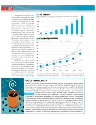 I-BIZ
         A oferta soﬁsticou-se, em um pro-
                                                CLICS & MONEY                                                                                                                      34.497,3
                                                Gasto total com e-commerce na América Latina (em US$ milhões)
     cesso liderado pelas empresas aéreas       Fontes: Visa Internacional e AméricaEconomía Intelligence
                                              30.000                                                                                                                27.597,9
     e pelas grandes operadoras de varejo,
     seguido por um grupo cada vez maior      25.000
                                                                                                                                                21.774,9
     de pequenas e médias empresas, que
                                              20.000
     aperfeiçoaram seus modelos de ne-                                                                                          15.645,0
                                              15.000
     gócio na rede. A demanda cresceu
                                                                                                                    10.572,5
     em número e na disposição do con-        10.000                                                    7.542,5
     sumidor em comprar, à medida que                                                4.885,0
                                               5.000                 3.042,1
     as gerações que foram educadas com                1.866,4
     a internet desde o colégio entraram          0
                                                        2003         2004                2004            2006        2007        2008             2009               2010*             2011*
     no mercado de trabalho e puderam                                                                                                                                           (*)Projeção
     canalizar seu poder de compra via web.     LATINOS AMADURECEM
     “Finalmente, alcançamos uma massa          B2C como % do PIB                                                  Brasil        Chile
                                                Fonte: AméricaEconomía Intelligence                                México        América Latina
     razoável de usuários na América Lati-    0,9%                                                                                                                             0,84%
     na, suﬁciente para que muitos mode-
     los de negócio na internet conquistem    0,8%

     rentabilidade mais rapidamente”, diz o
                                              0,7%
     argentino Alec Oxenford, fundador da                                                                                                                                        0,64%

     casa de leilões online DeRemate.com      0,6%
                                                                                                                                                  0,54%
     (comprada pela MercadoLivre.com) e                                                                                                                                        0,52%
                                              0,5%                                                                                                         0,52%
     que hoje está à frente da OLX.com, um                                                                                       0,42%
     serviço de classiﬁcados gratuitos com    0,4%
                                                                                                                  0,33%
     presença global.                                                                                                                   0,36%        0,35%
                                                                                                0,26%                 0,32%                                                         0,30%
         Entretanto, esse estudo aponta       0,3%
                                                                                                                                 0,27%
                                                                         0,19%                                    0,24%
     que tal crescimento ainda não se dá de                                                             0,20%
                                              0,2%     0,14%                                    0,18%                                                       0,18%
     maneira uniforme. Em alguns merca-                                  0,13%
                                                                                 0,11%
     dos, a crise foi uma justiﬁcativa para   0,1%     0,09% 0,11%                                                               0,13%
                                                                                                                  0,10%
     adiar investimentos em tecnologia e               0,05%             0,07%                  0,07%
                                              0,0%
     logística, necessários para um avanço             2003              2004                   2005              2006            2007                   2008                   2009
     nos modelos de comércio online, o que
     impediu um aumento maior no volu-        meio da internet. Colômbia e Peru, por                                      altas muito discretas no comércio de
     me de bens e serviços adquiridos por     exemplo, foram países que registraram                                       produtos pela web. Somente este ano o


                            GRÃOS PELO PLANETA
                           O velho clichê de que o comércio eletrônico abre as portas de um negócio para o mundo
                           cabe como luva na história da costa-riquenha Café Britt. Em 2009, 95% dos US$ 5,1 milhões
                           que a empresa vendeu pela web tiveram como destino consumidores dos EUA e do Canadá.
                           “Um turista que viaja à Costa Rica degusta uma xícara de café no avião, compra chocolates
                           e bolsas da Café Britt no aeroporto para presentear seus entes queridos e leva um cartão de
                                           desconto para sua compra online”, diz Pablo Vargas, presidente executivo da
                          CafeBritt.com
                                           Café Britt, indicando que o marketing e a logística são parte fundamental de
                           sua operação. A companhia fez acordos com empresas de entrega expressa, como FedEx
                           e DHL, e instalou um serviço de atendimento ao cliente em San José, no qual só trabalham
                           pessoas bilíngues com grau universitário. “Apesar de estarmos em um país pequeno, através
                           da internet podemos oferecer um excelente serviço e uma experiência de compra muito po-
                           sitiva, com assistência online por chat, atendimento telefônico e resposta a consultas em, no
                           máximo, duas horas”, diz Vargas. A empresa tem crescido a taxas de 15% ao ano, mas o exe-
                           cutivo admite que chegar a esse resultado não foi fácil. Ele conhece outros empresários que
                           tentaram comercializar seu produto pela web, mas não conseguiram resultados rápidos e
                           abandonaram a iniciativa. “É preciso encarar esse setor como primordial, focar-se e investir.”



  72 AméricaEconomia Junho, 2010
 