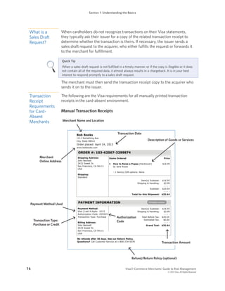 Section 1: Understanding the Basics
1 6 		 Visa E-Commerce Merchants’ Guide to Risk Management
	 © 2013 Visa. All Rights R...